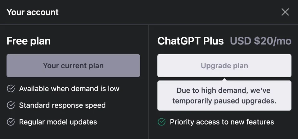 ChatGPT Plus upgrade suspended