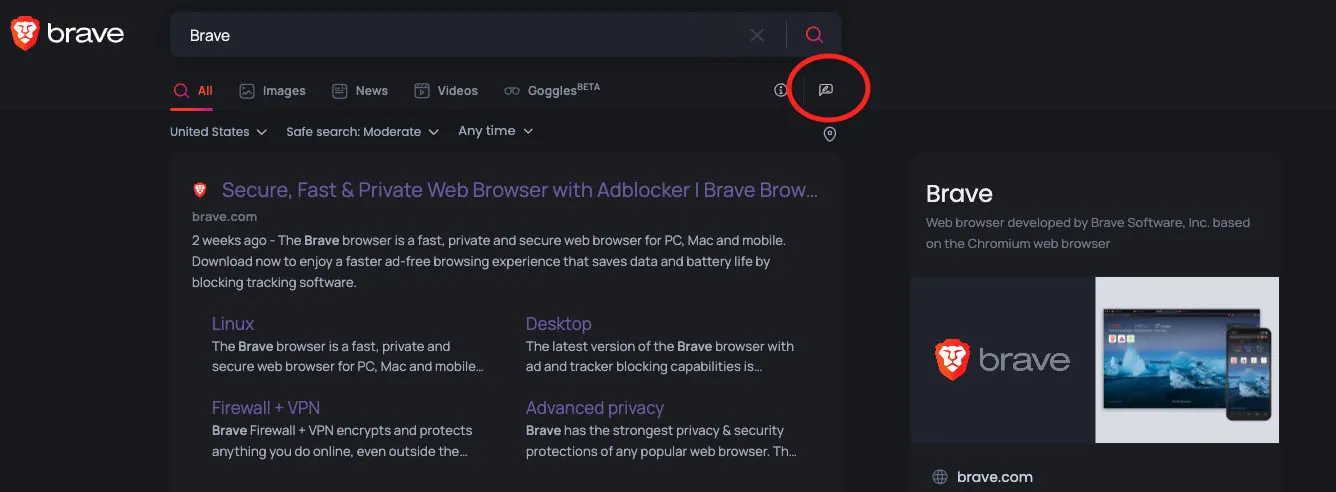 Brave browser Bing search